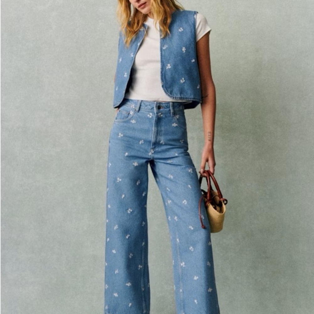 Sezane Blue Floral Cropped Jeans
